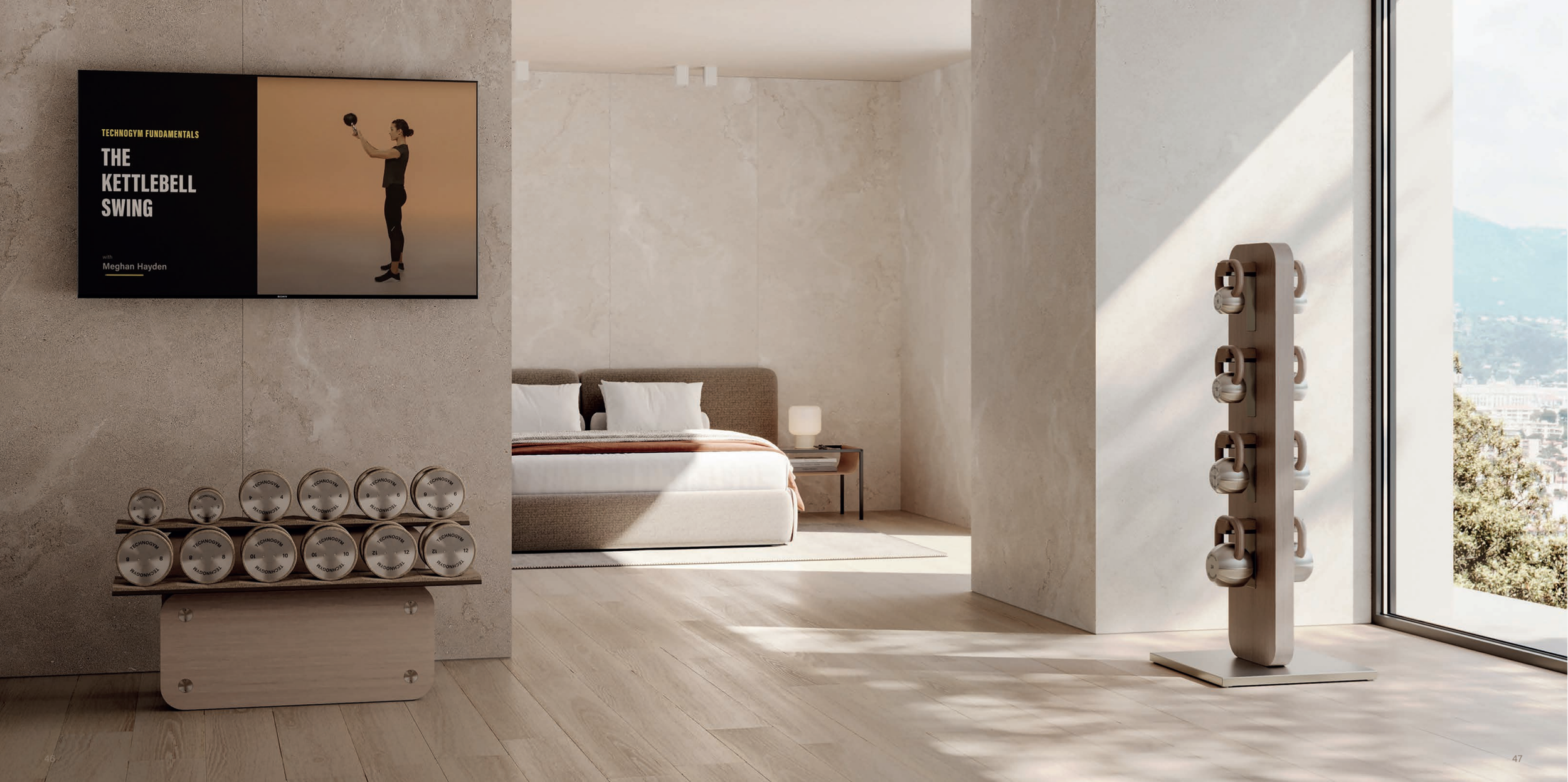 technogym horizontal sandstone dumbbells and vertical kettlebells.png