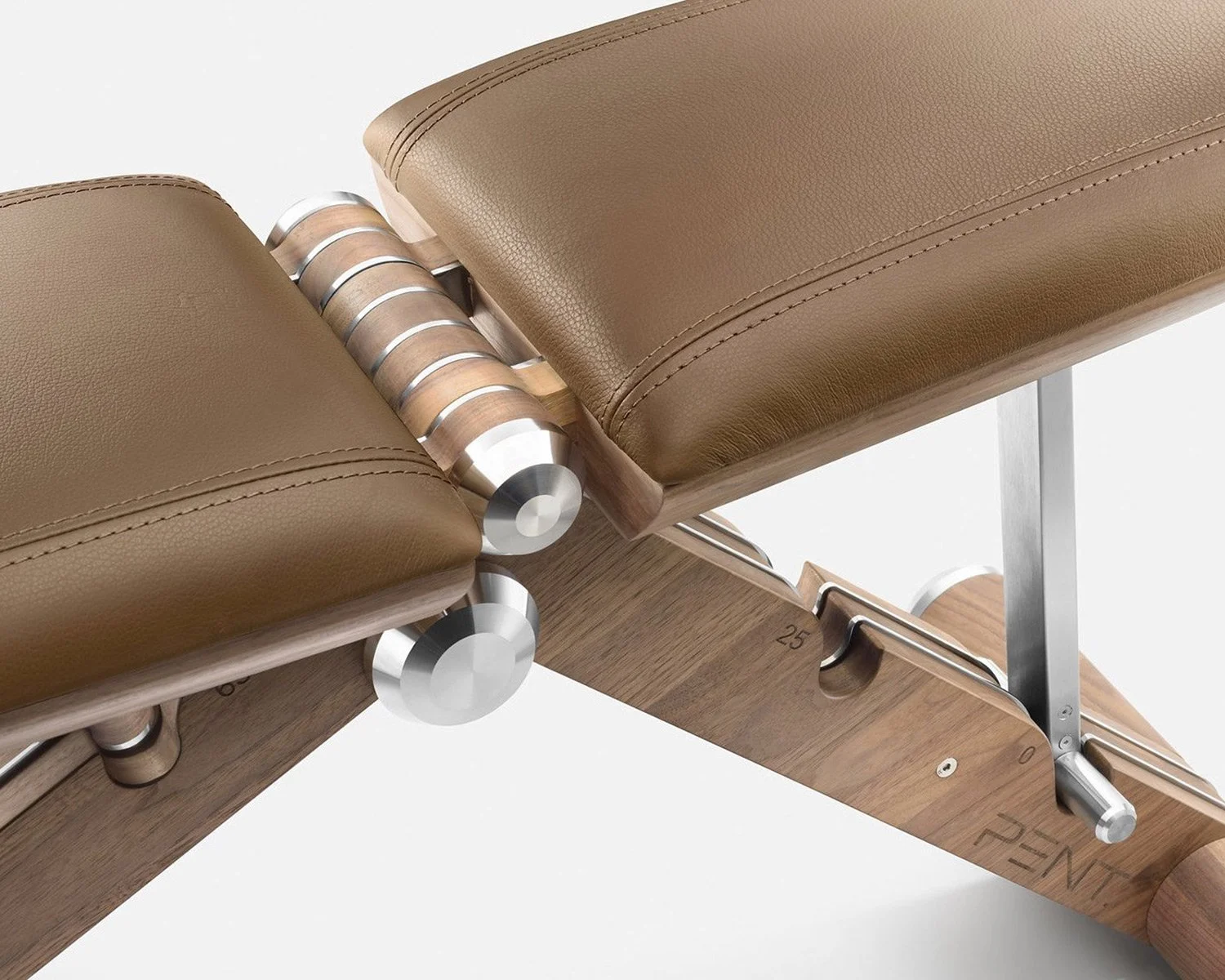Close-up of Pent luxury adjustable bench - brown leather walnut wood.