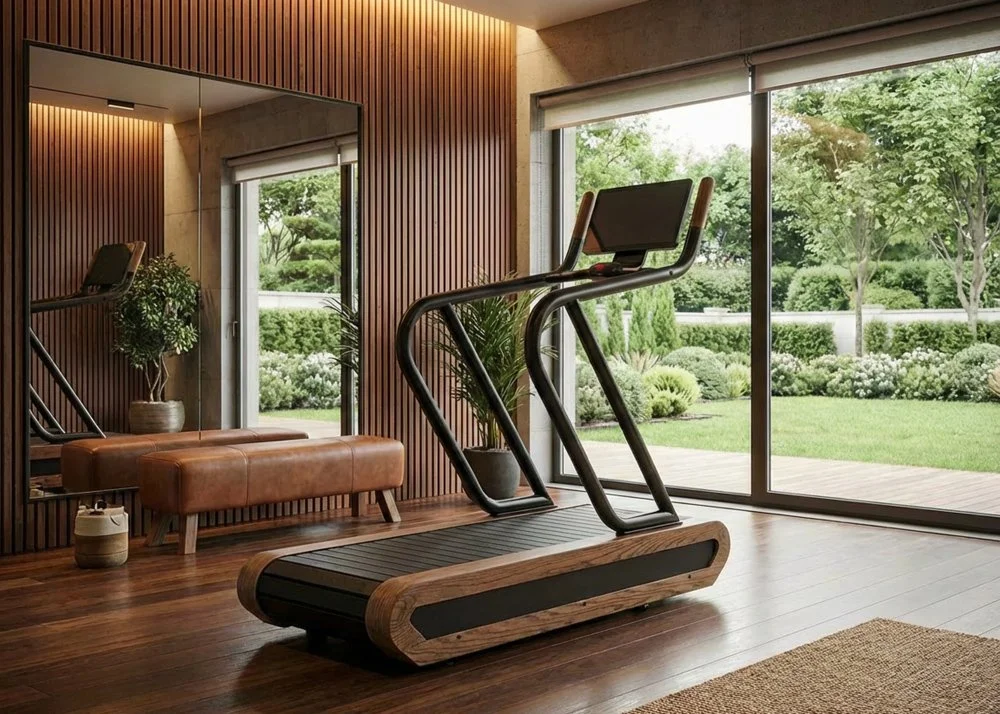 The NOHrD Citius Treadmill featured in a luxury home gym in California designed by Iron House Design