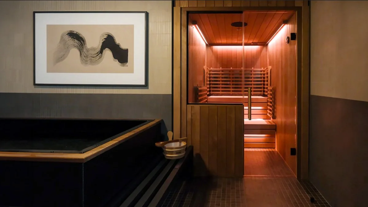 Luxury home wellness suite with infrared sauna and cold plunge designed for recovery, relaxation, and daily wellness rituals