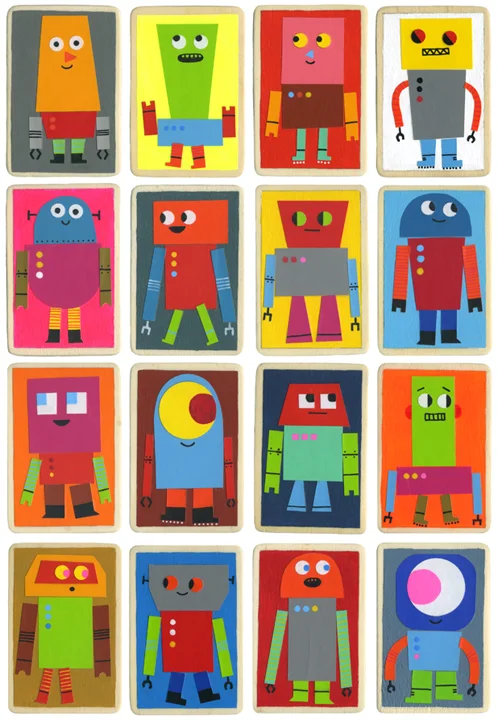 These robot ATCs, completed as part of a project that I give my students on repetition, are part of The Robot Army , an ongoing project that started in 2008. This group is cut paper & Posca marker on birch plywood.