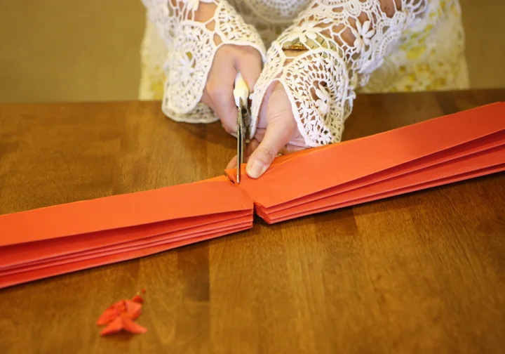 Step 5: Notch into your half way mark on both sides. This makes the paper looser when you'll need to pull it apart in the later stages. Make sure you don't cut the notch over 1/4 inch long otherwise you'll end up with two mini flowers when the paper rips apart. 