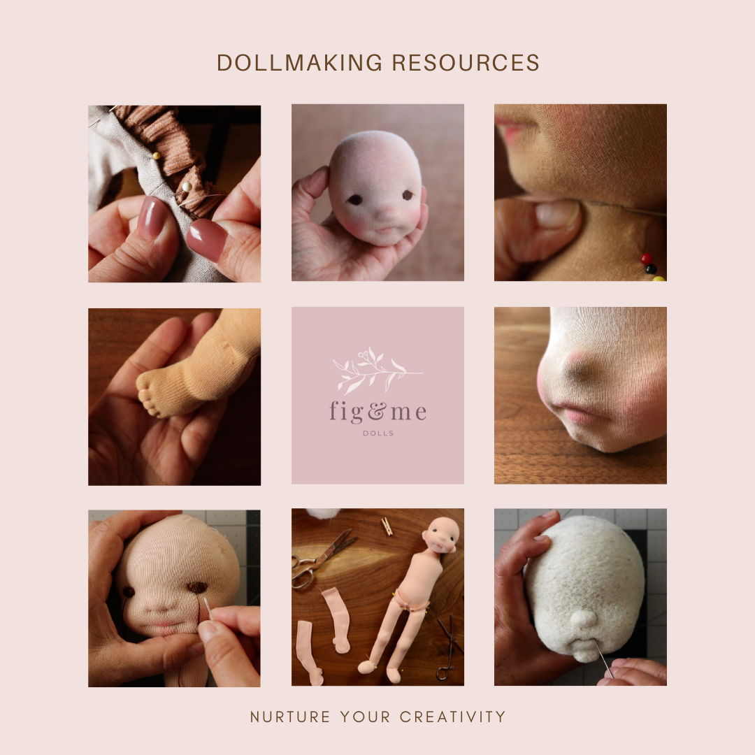 collage of doll making process, needle felting, embroidery, stuffing dolls by fig and me