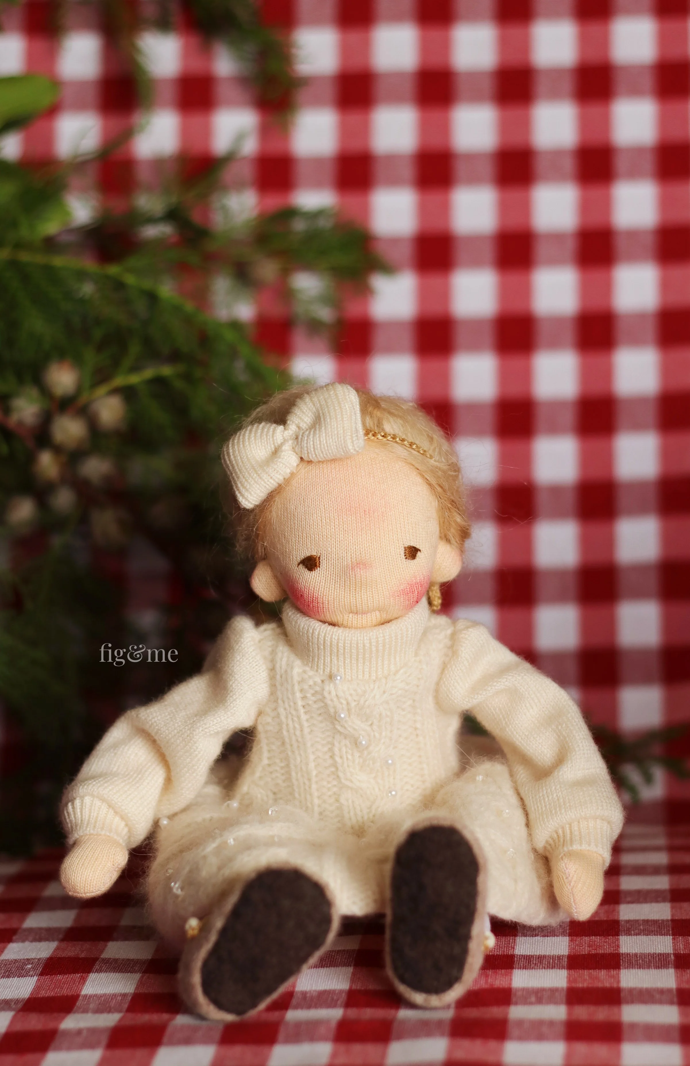 waldorf inspired doll in off white christmas dress with glass beads