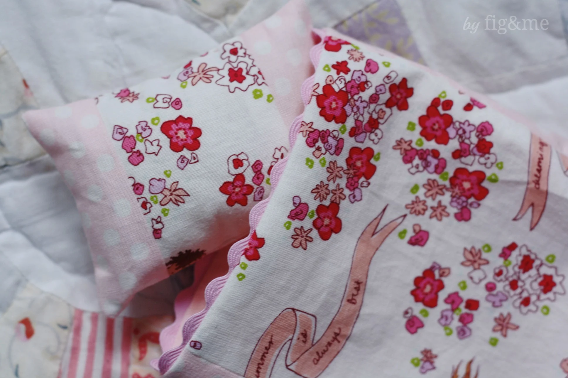 Doll bedding made with Sarah Jane fabrics, by Fig and Me.