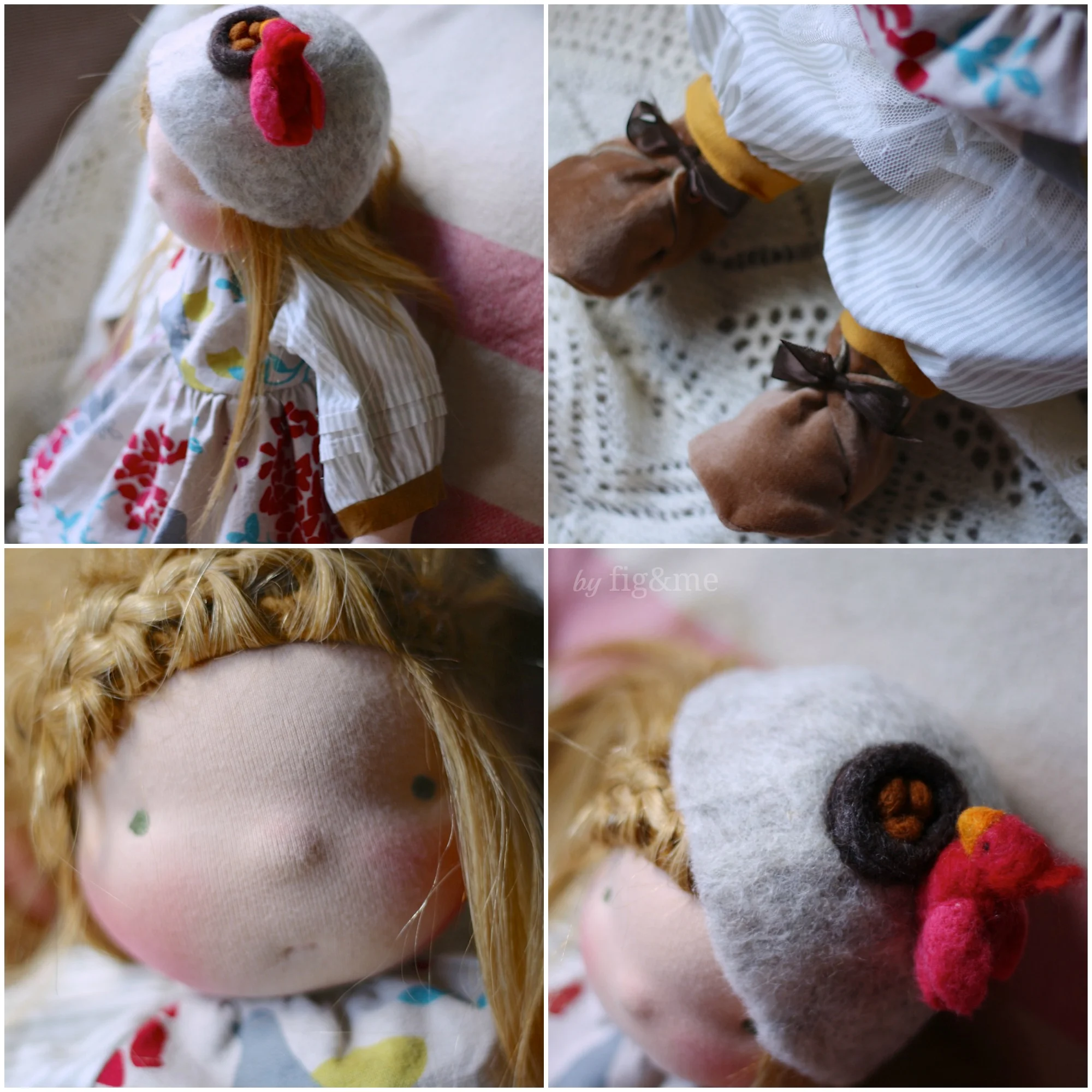 Linen doll dress and wool hat, by Fig and Me.