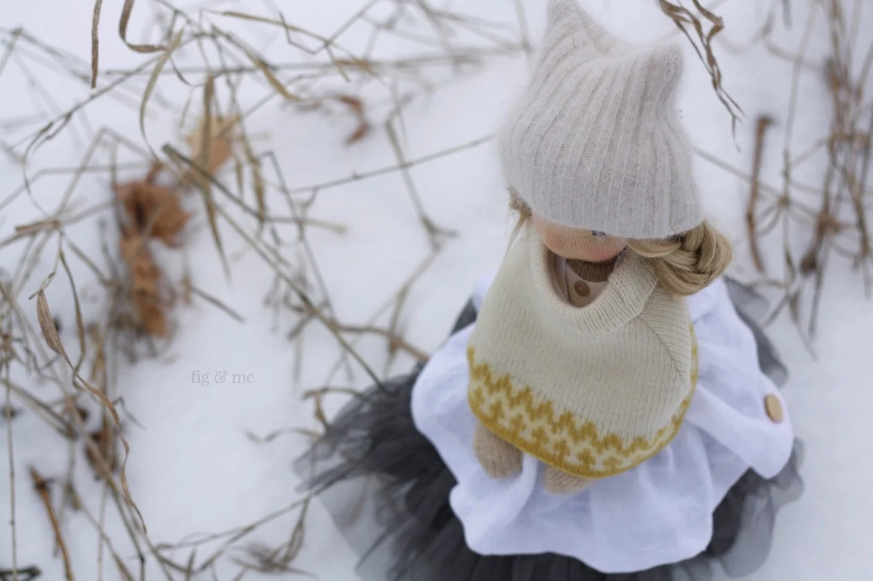 Nova, in the snow. A natural fiber art doll by Fig and Me.
