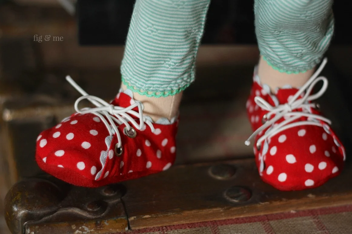 Red dotty shoes with blue ric-rac. By Fig &amp; Me.&nbsp;