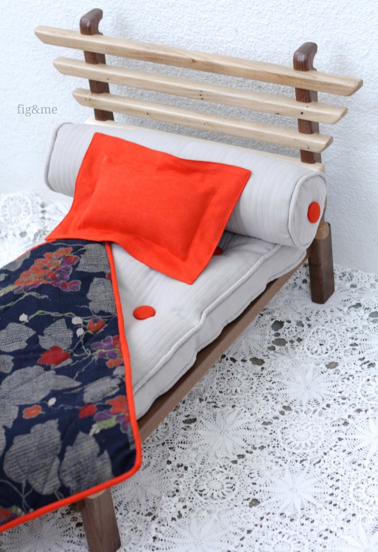 Japanese-inspired wooden doll bed and bedding, by fig and me