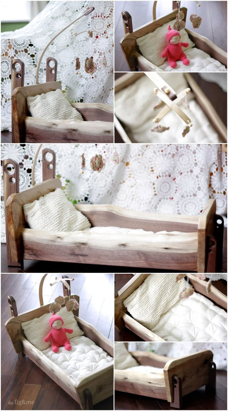 Live edge walnut wooden cradle, by Fig and me. It even had baby doll mobile.