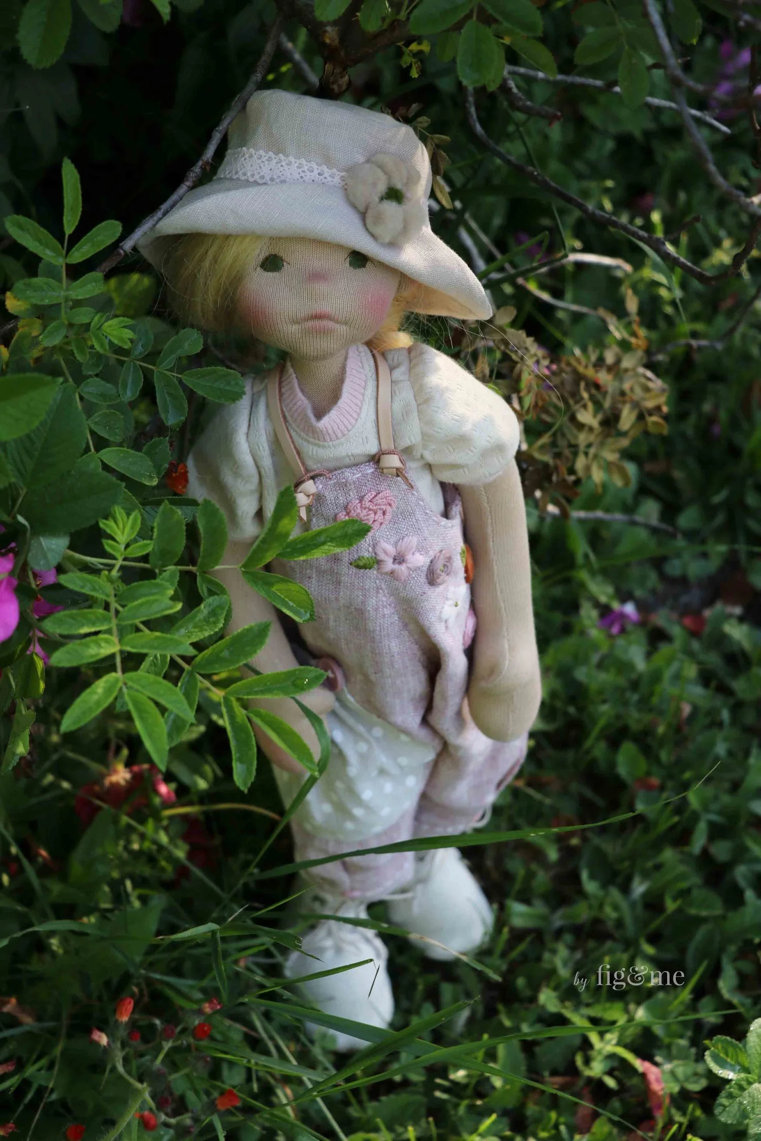 Octavia Rose in her gardening overalls, art doll by Fig and Me
