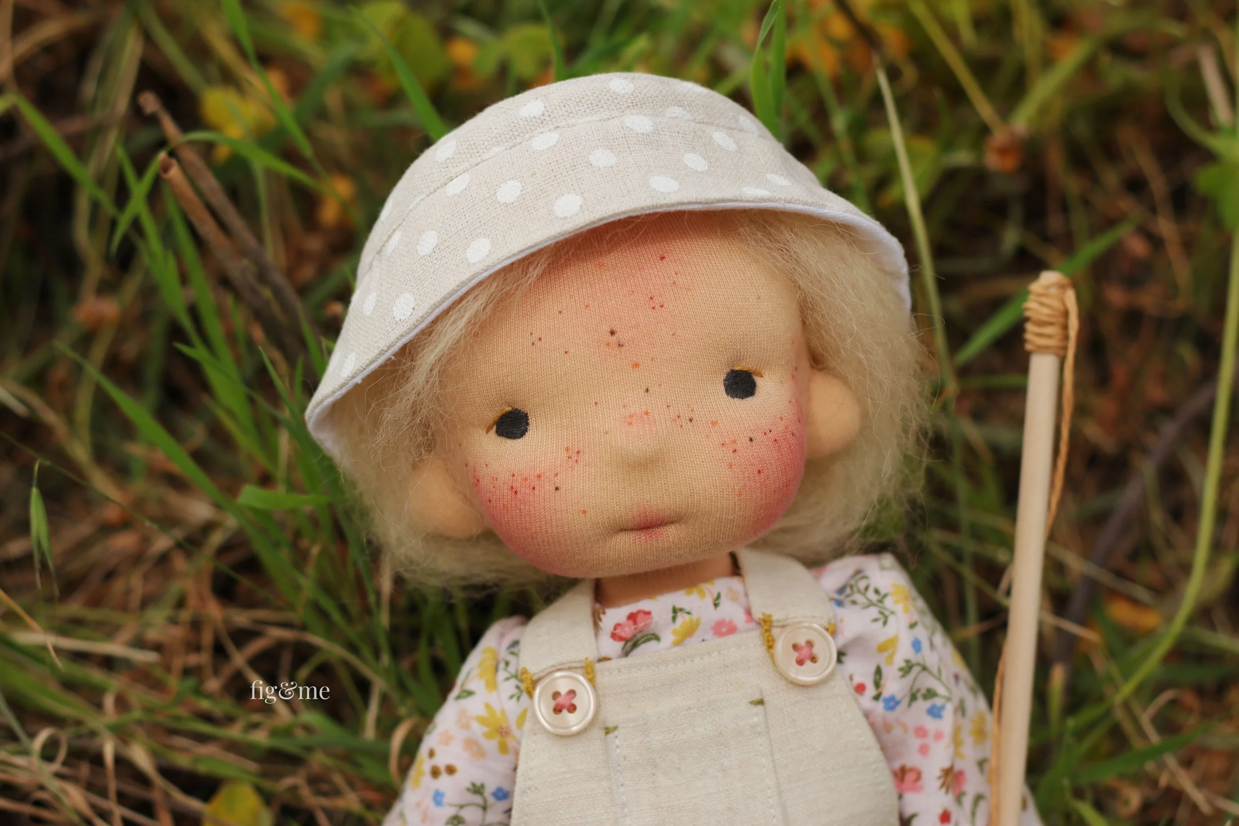 Waldorf inspired doll, made with cotton and wool, freckled face with blue eyes and blonde mohair