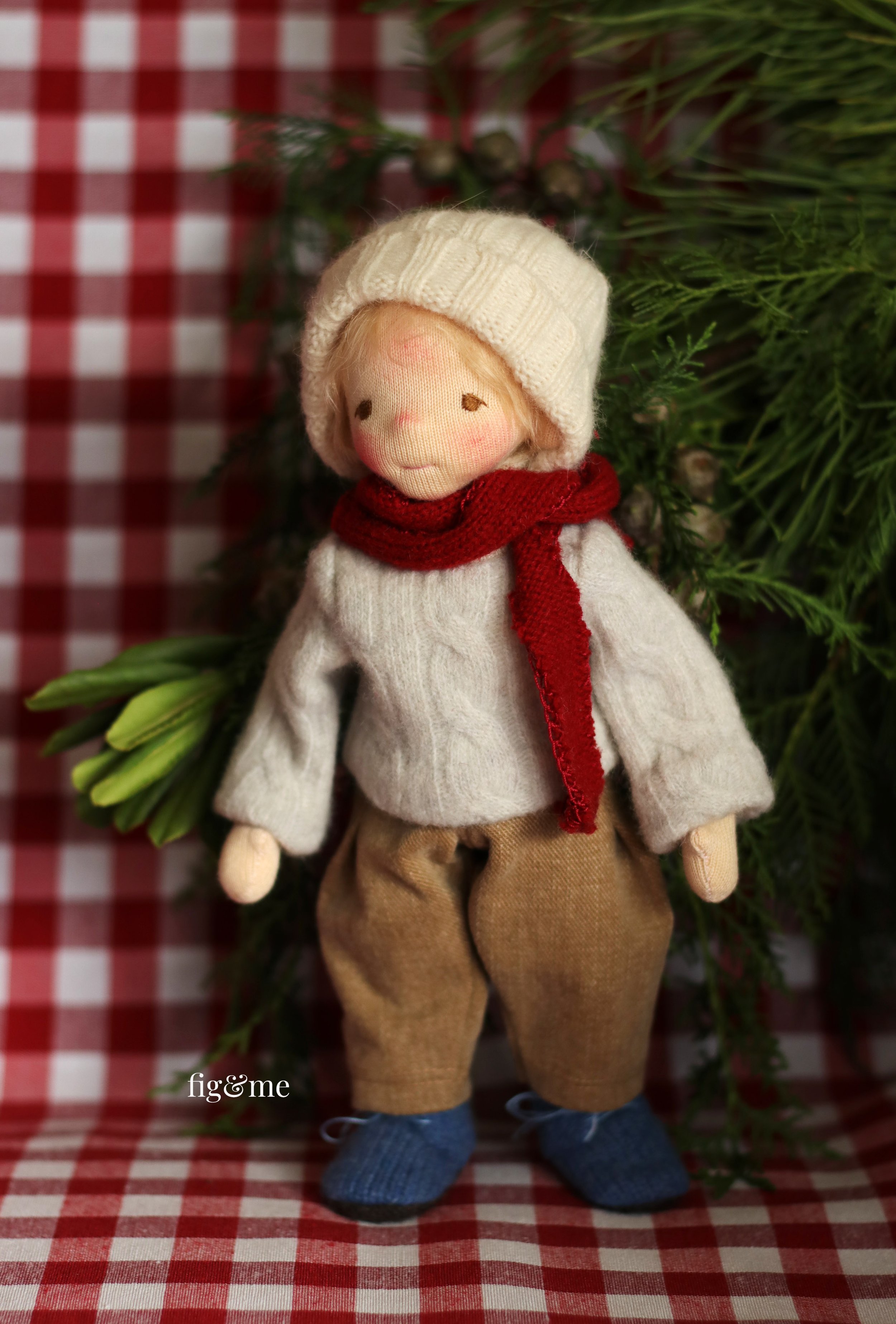 natural fiber art doll boy in winter clothes