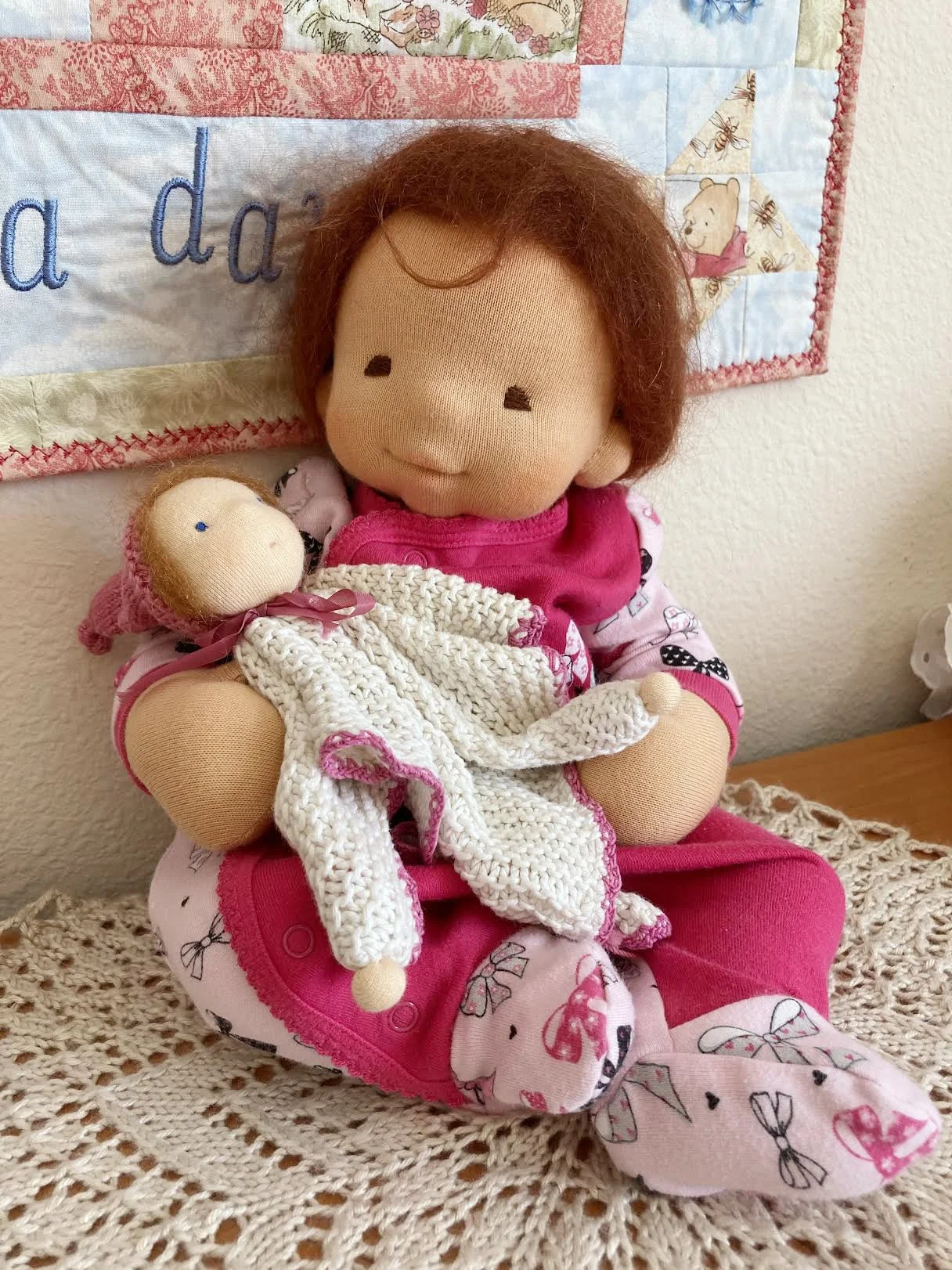 Waldorf baby doll with dollmaking mohair yarn wig and sweet baby clothes