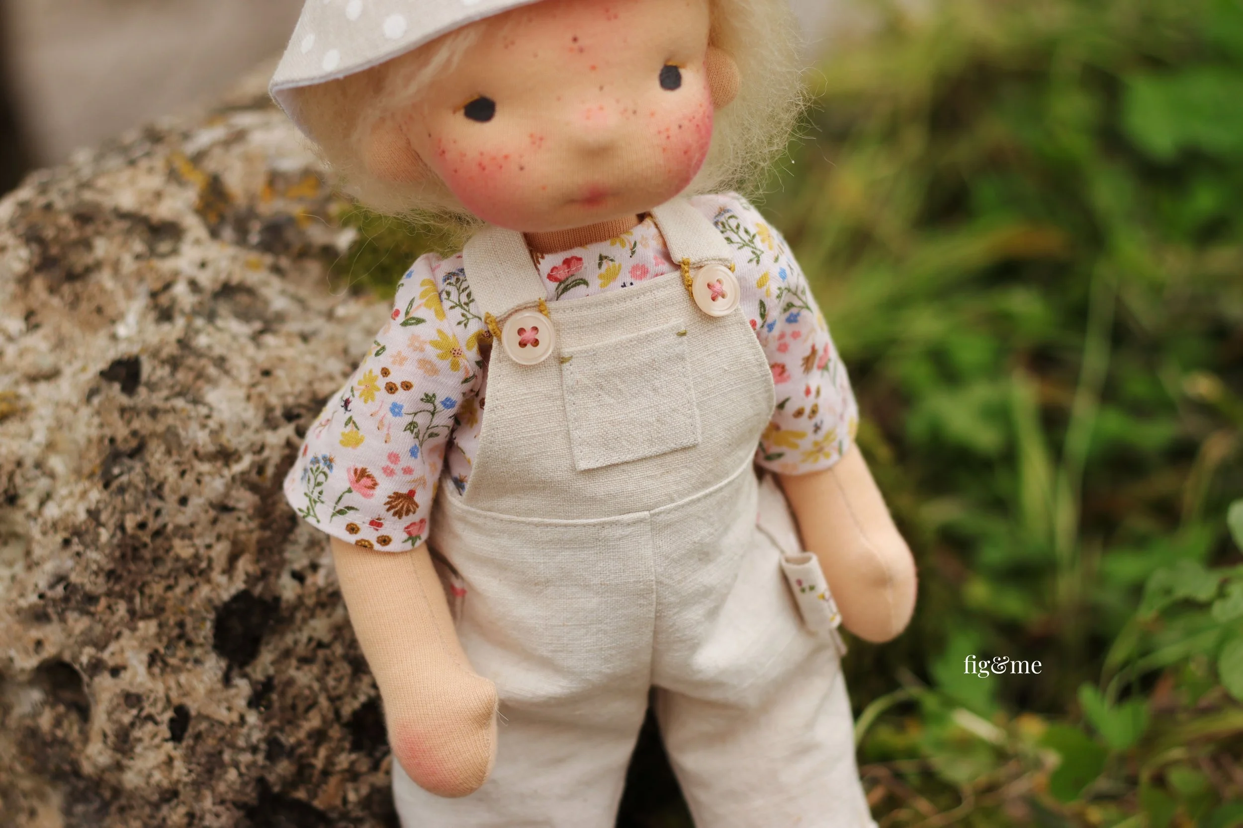 custom waldorf inspired doll with antique linen dungarees and floral shirt