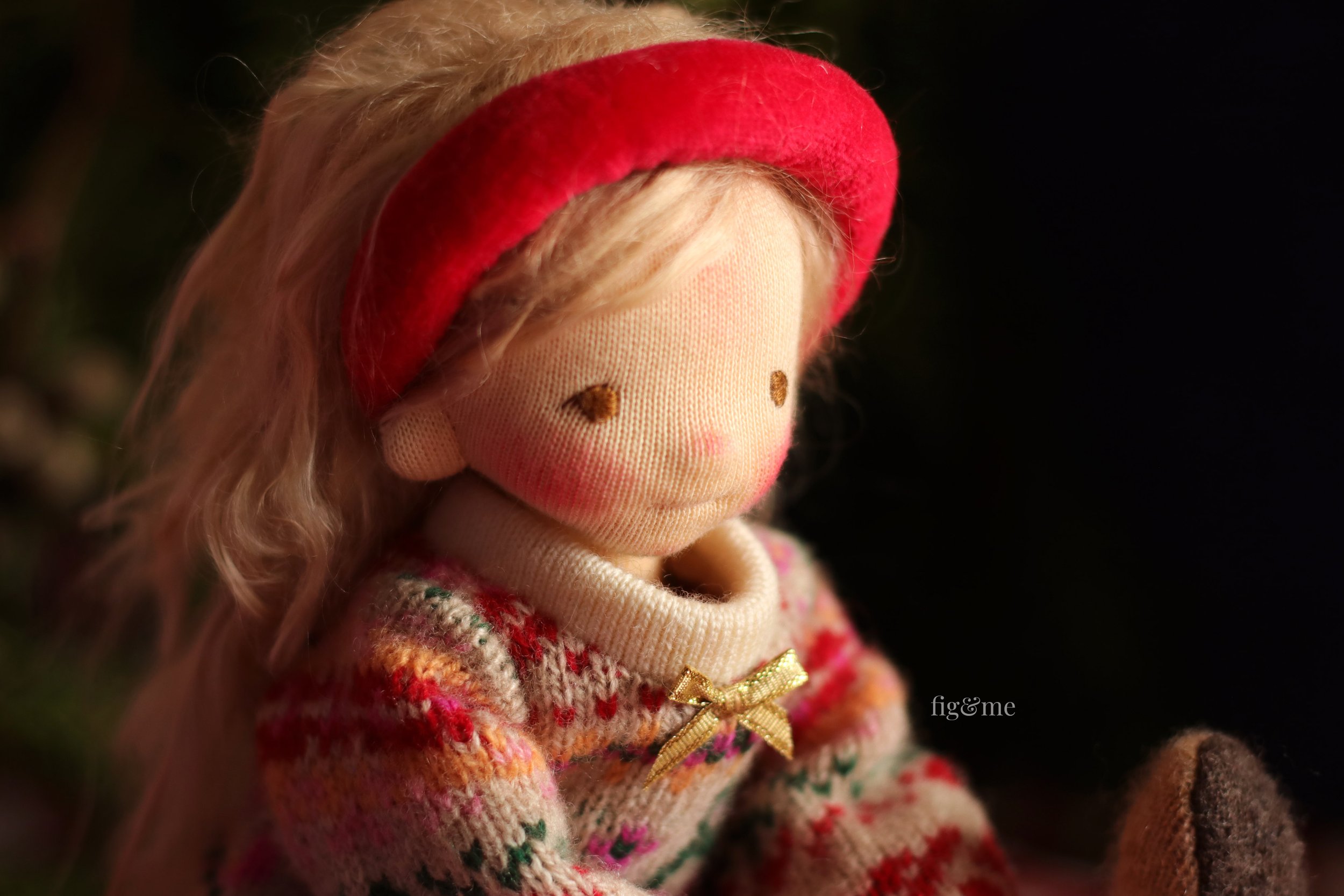 custom fiber art doll with red velvet headband
