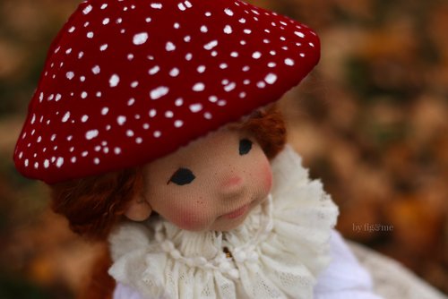 Little girl In Red Dress With Cute Mushroom - Needle Felting