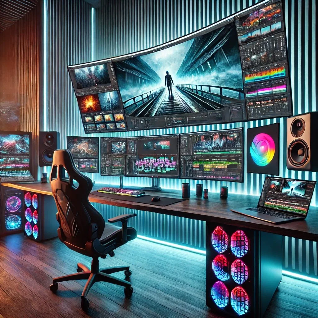 DALL·E 2024-08-13 10.42.32 - An even more epic video editing setup in a futuristic studio. The centerpiece is a massive, ultra-wide curved monitor with crystal-clear 8K resolution.jpeg