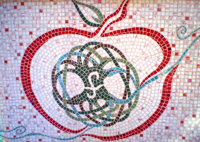Frapez Smoothie Spa logo, glass mosaic counter, 26'w x 3.25'h