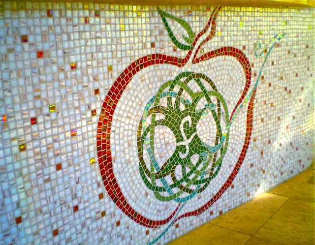 Frapez Smoothie Spa logo, glass mosaic counter, 26'w x 3.25'h 