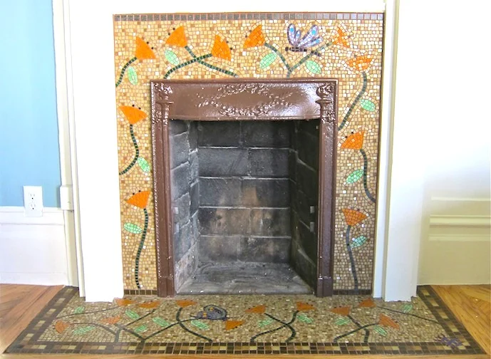 Kruse Fireplace - Vitreous glass fireplace facade. Collaboration with Robyn Kruse