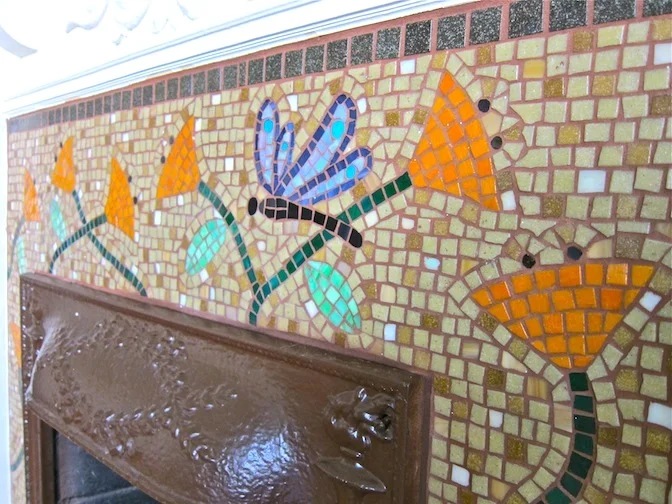 Vitreous glass fireplace facade detail