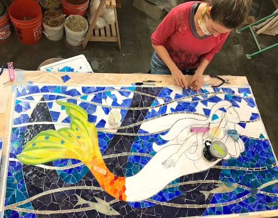 Finishing the water. The mermaid body was cut out of the background and shipped to Norfolk!