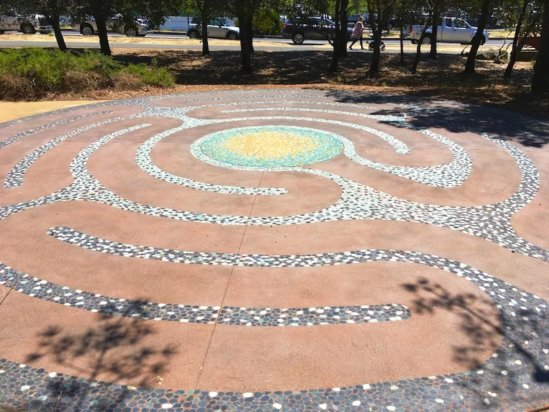 Stone and porcelain LithoMosaic Labyrinth at Hal Brown Park, Larkspur, CA
