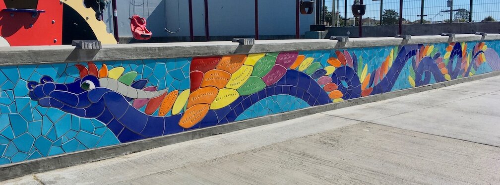 West Portal Playground Dragons seat wall mosaics, San Francisco, CA