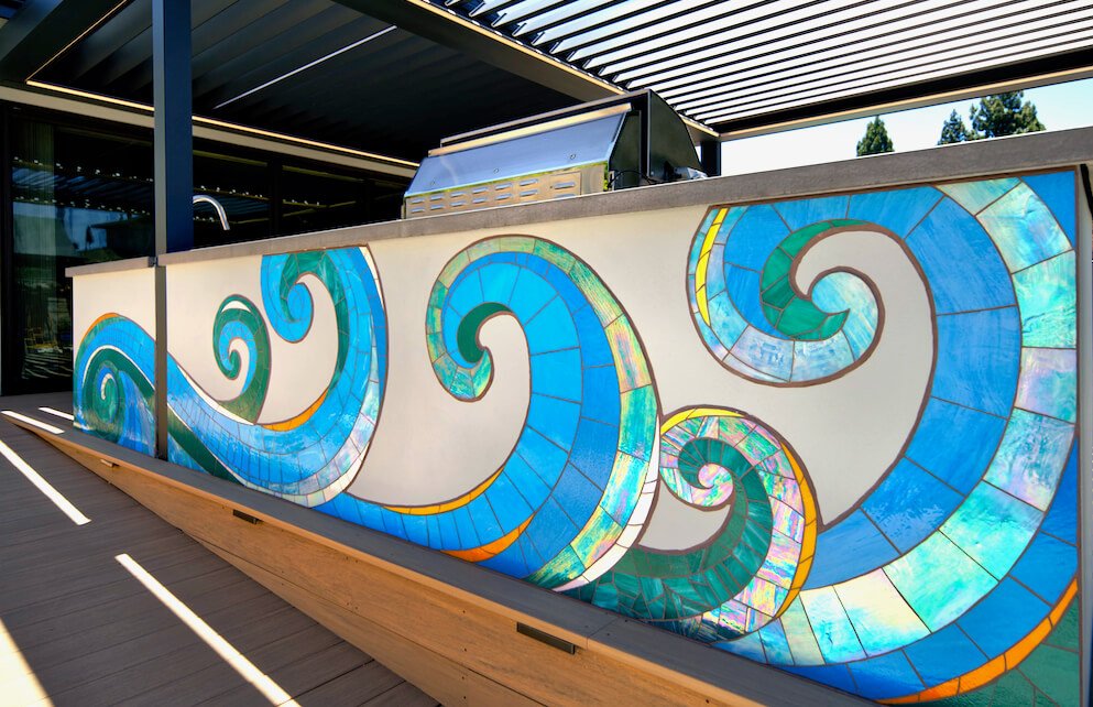 Wave Wall, stained glass mural in Mountain View, CA. A collaboration with Sophia Othman.