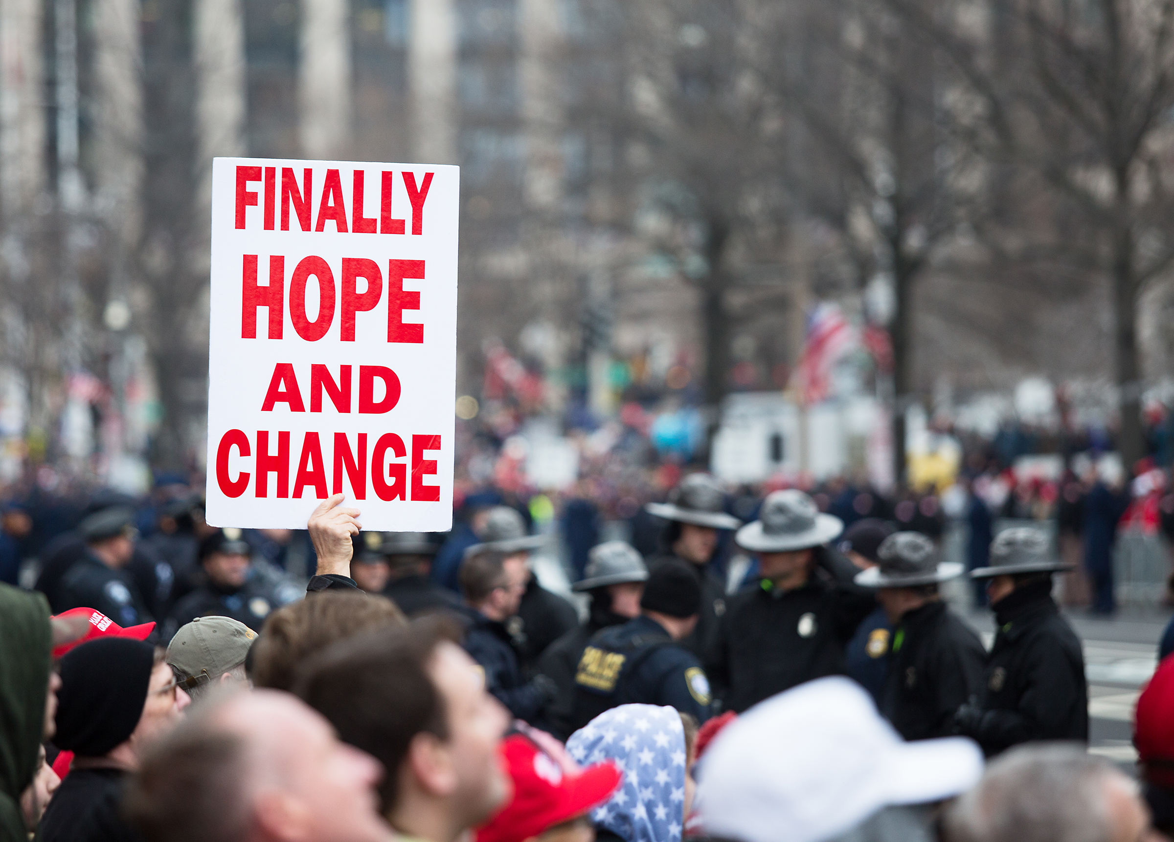 A sign along Pennsylvania Avenue during the 2017 Presidential Inauguration in Washington D.C.