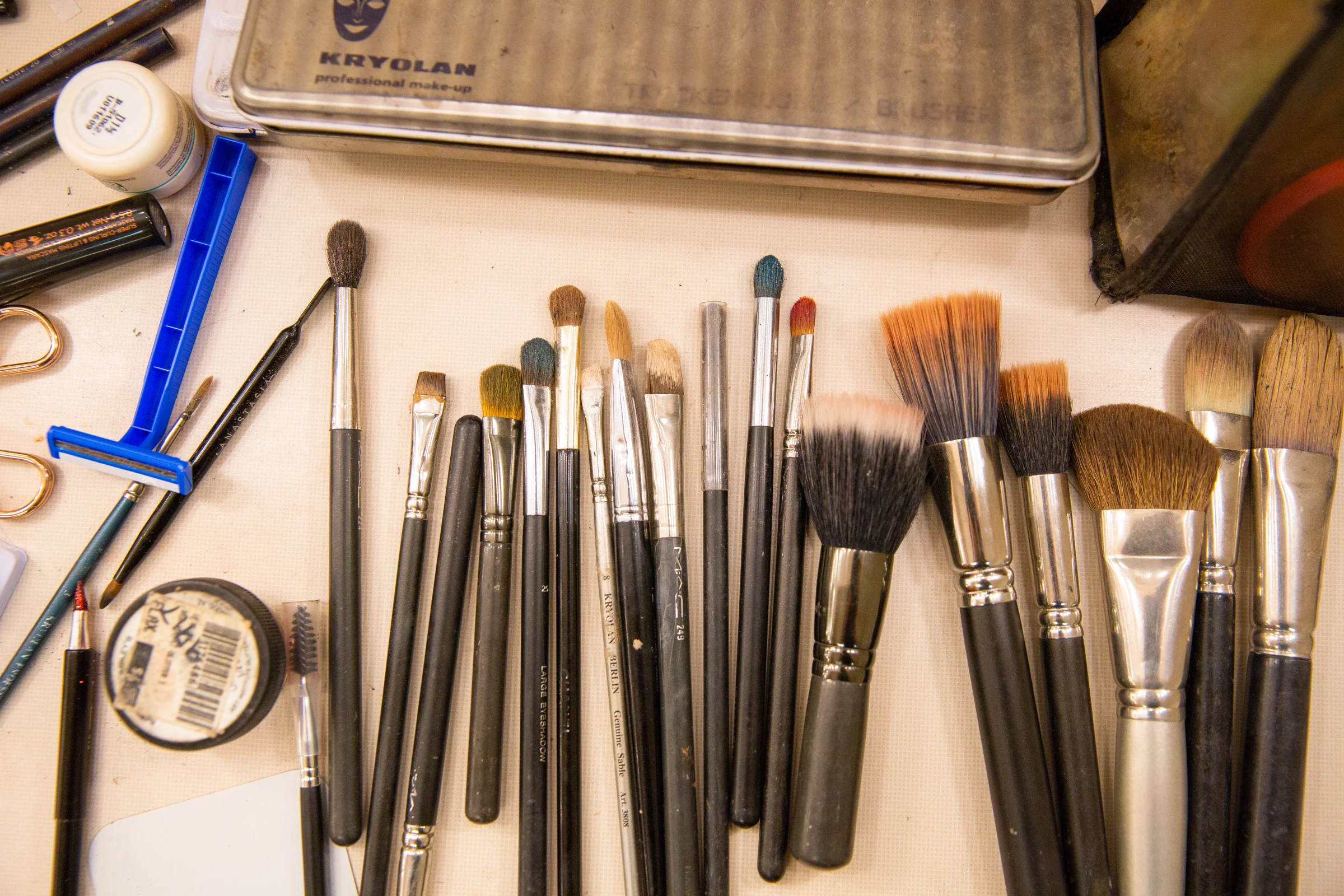 Brushes covered in makeup in the men's dressing room backstage of Western Ballet's production of "The Nutcracker" at the Mountain View Center for the Performing Arts on Dec. 2, 2018.