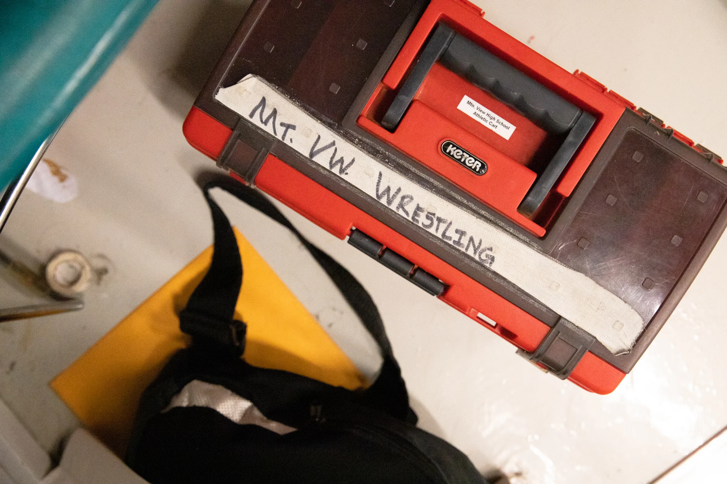 The Mountain View High School wrestling team's medical supplies box at a practice at Los Altos High School in Los Altos, California, on Jan. 30.