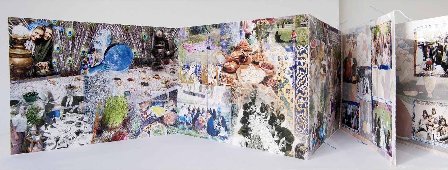 Statement: Title: Picnic in Iran 2017 Description: آلبوم عکس هنری دست ساخته بتول شوقی در مضمون پیک نیک در ایران Hand made concertina artist’s book. Photographs of Iranians picnicking, stitched onto pictures of ceramic tiles depicting scenes of picnic during the Safavid periods. The book has two hard cloth covers with photographs stitched onto them. Size: 22 x 31 cm. 22 x 450 cm, when opened The concertina book has 15 pages and two hard covers. Each page is 21 x 29.7 cm. The book when opened is approximately 450 cm long. The picnic photographs are stitched and sewn onto the pages with strips of materials around them. These represent the lranians’ love and use of textile materials while picnicking and close to nature. The background of the pages are photographs which I took of ceramic tiles in Chehel Sotoon Palace in Isfahan. 
