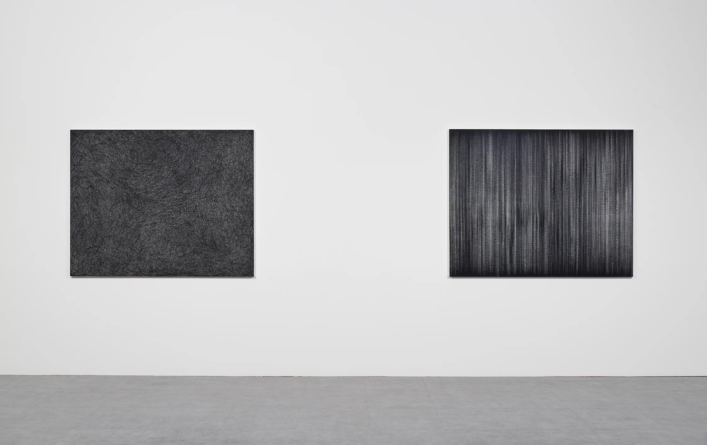 (Left) EunHye Kang | Fogginess | Sumi-ink Drawing on Rice Paper | 120x150(cm) | 2018 (Right) EunHye Kang | Stillness | Sumi-ink Drawing on Rice Paper | 120x150(cm) | 2018