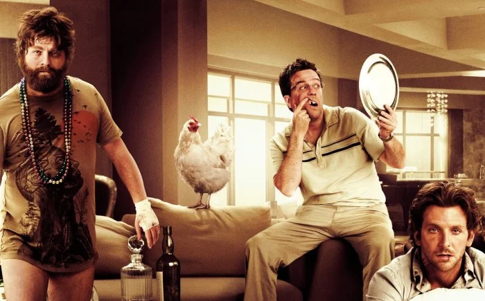 Note: the chicken is a stand-in, not the real Justin Bartha. (photo from bigmediadaily.com)