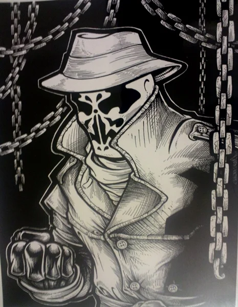 Rorschach (a hard choice where to put him, but I figure more hero than villain, right?) Artist: Burke