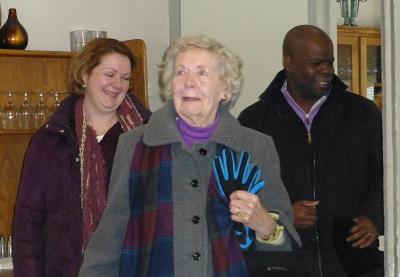 My Gram arrives at her 90th birthday trailed by my Aunt Bet and Uncle Tony. (photo by my sister Michelle)