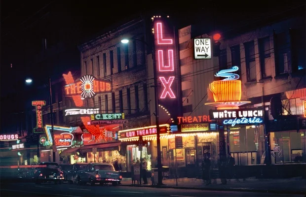 Fred Herzog Downtown Vancouver at night. As Petula Clark sang "the lights are much brighter downtown." This is no longer true! 