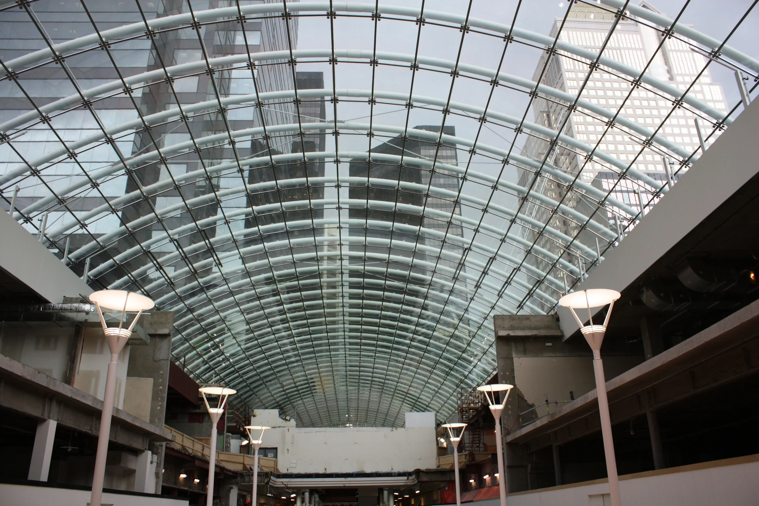 The Core shopping centre's glass roof is 3 blocks long, creates a unique perspective of the surrounding office buildings. It also creates a sunny shopping experience even in the middle of the winter. 