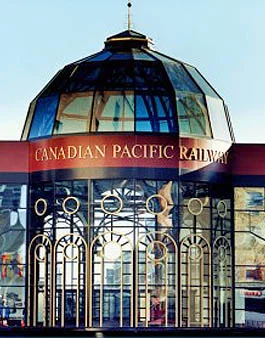 Glass Rotundra that links historic Fairmont Palliser Hotel to vintage train shed in downtown Calgary.