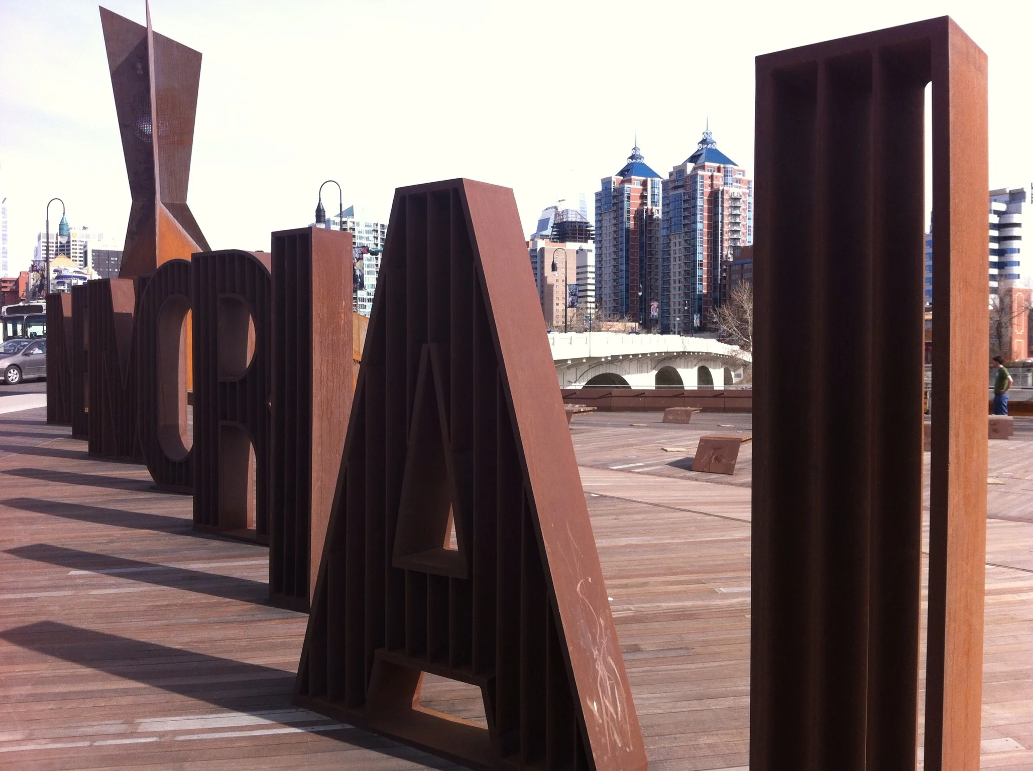 One of the key elements of the plaza are these life-size letters spelling out Memorial. Made out of what looks like rusty steel, they are place right up against the sidewalk and very visible to the road. There very foreboding. Unfortunately it is very easy to carve into the rust to write messages or tag them. 