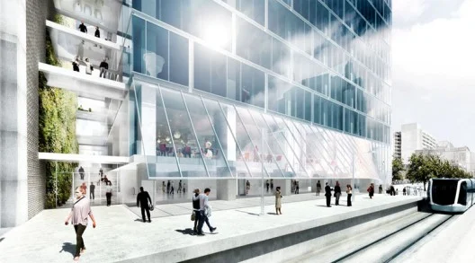 This is the street view rendering provided by TELUS and BIG architecture. Everything about it is artificial, there is no attempt to make it reflect the existing urban design of 7th Avenue - the LRT station, train are all wrong. 