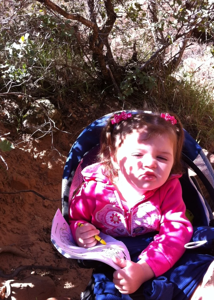 We also found this 19-month old who was busy colouring while Dad carried her up the trail. However, we were told she had hiked on her own another trail the day before. 