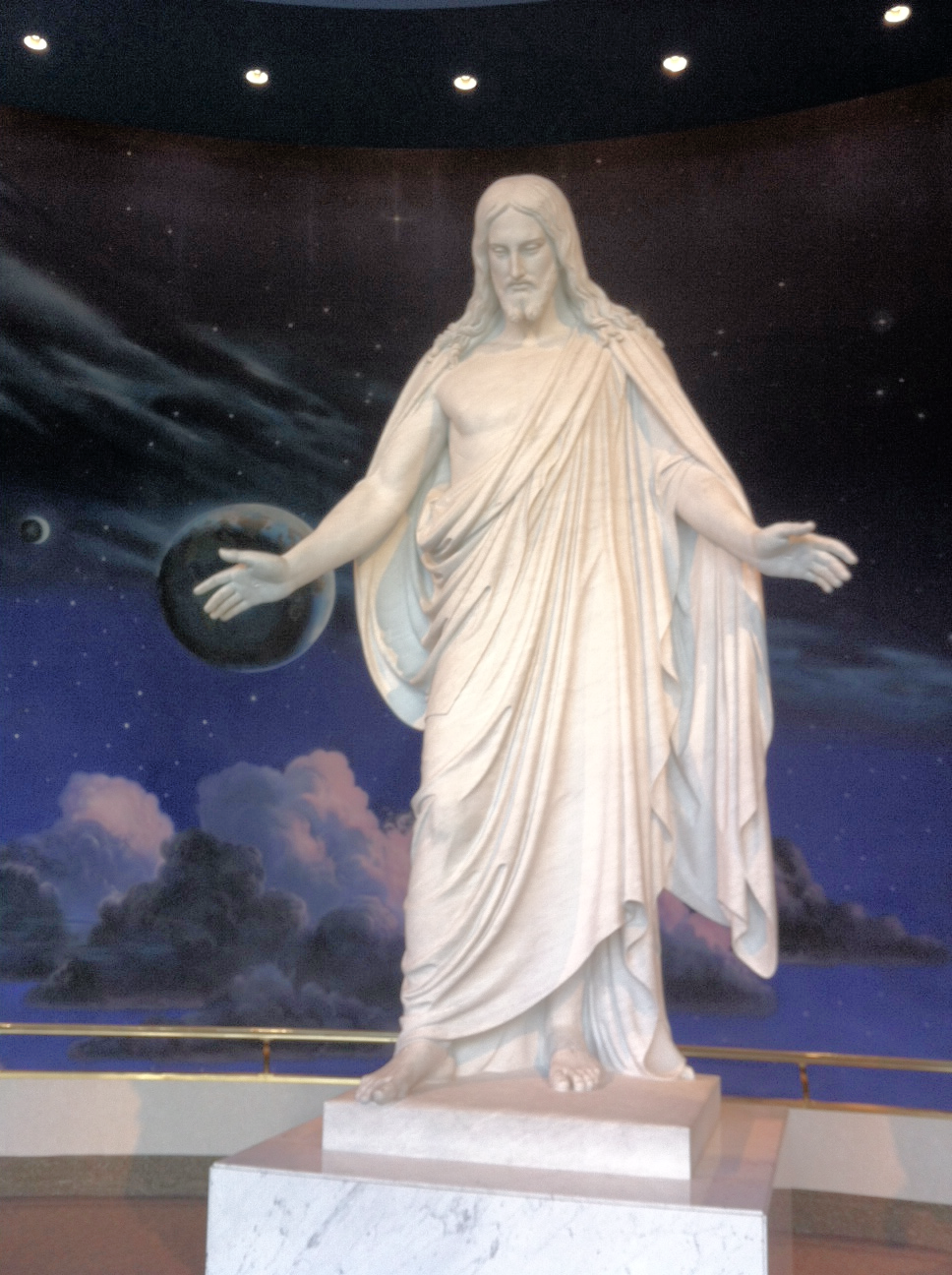 Statue of Christ in the celestial room on the second floor of the North Visitor Center makes a very powerful statement. This 11-foot statue titled "The Christus" is an exact replica of Danish sculptor Bertel Thorvaldsen's original in Copenhagen, Denmark. We were told a senior church member was so moved when he saw the original that he negotiated with the Church and the artist to commission the replica for Temple Square. 
