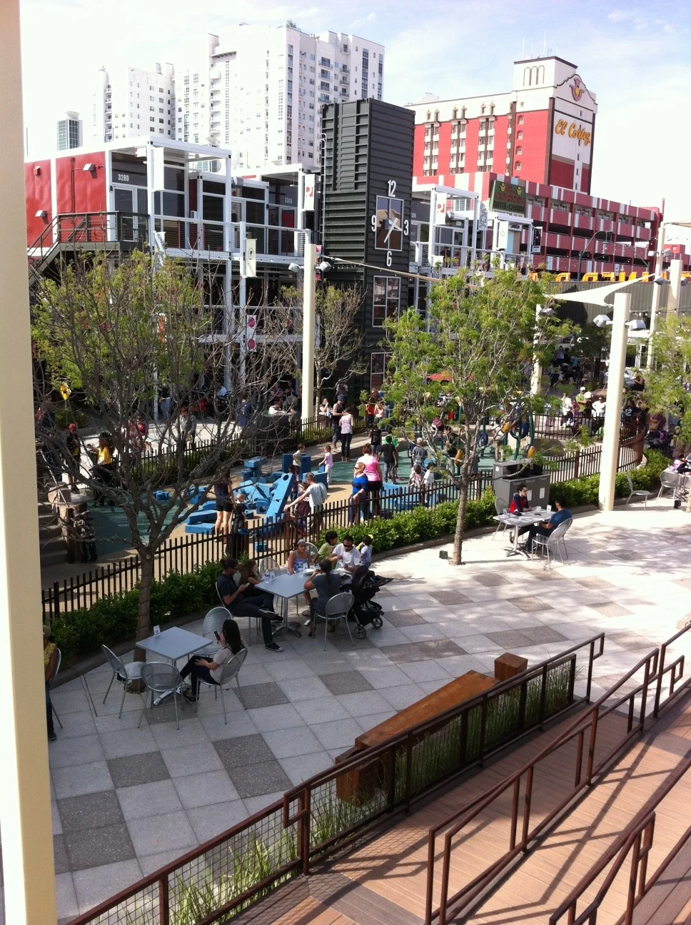 Container Park by day with downtown Las Vegas in the background.