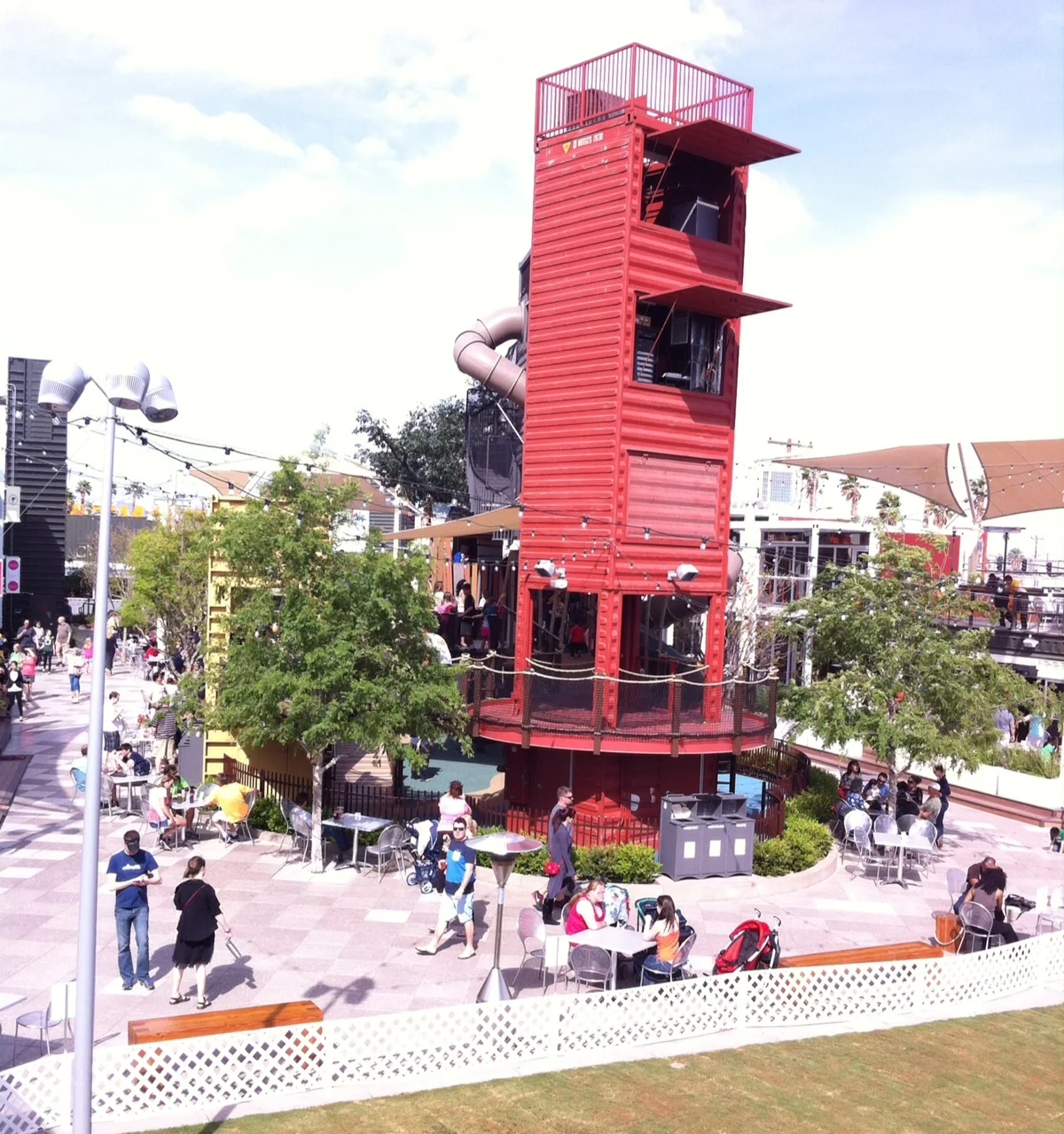 The three storey tree house was popular during the day. Who would have thought of a playground as the central element of an urban village. BRILLIANT! 