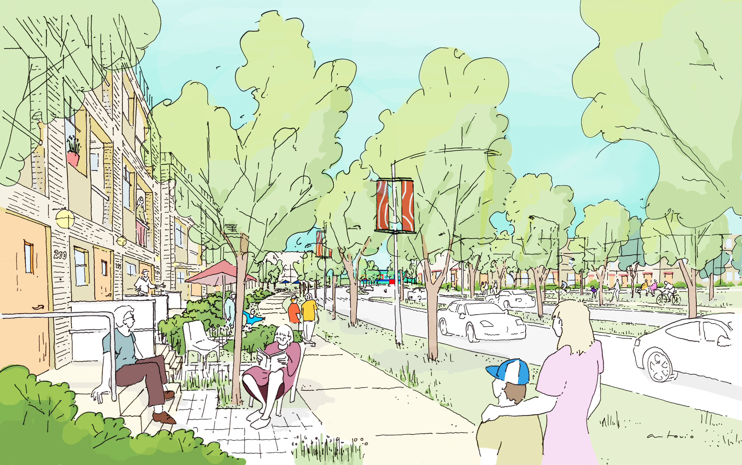 The plan incorporates a variety of building types ranging from townhouses up to 16-storey high rise apartments. With direct access to the street at ground level through patios and public-oriented uses, a ‘porch culture’ will extend from the main street into residential neighbourhoods, and even the office district, creating a sense of safety and social interaction. With 12 kilometres of pathways throughout, the streetscape is interconnected, lively, and supports the day-to-day activities of a vibrant community.