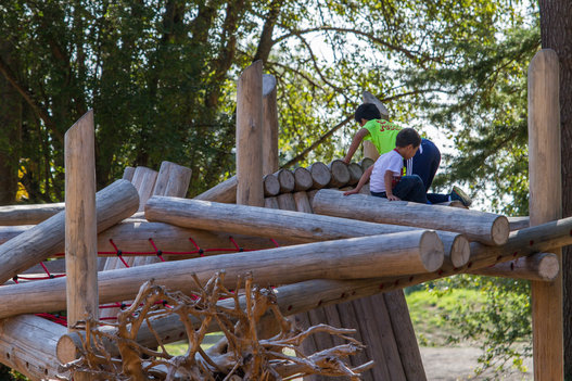 Kids climbing on the log jam structure. 