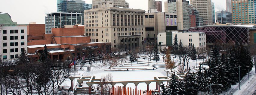 The Performing Art Centre is located on the south side of Olympic Plaza. The red brick building contains two theatre spaces, the green roof building on the far left an office building and the old eight storey Federal Public Building was renovated to includes offices on top of the Jack Singer Concert Hall on the ground level. It is part of an arts district with the Glenbow Museum and Calgary Telus Convention Centre on the next block. 